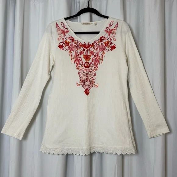 Soft Surroundings Embroidered Tunic Top White Red Pink Size Medium Boho - Picture 3 of 11
